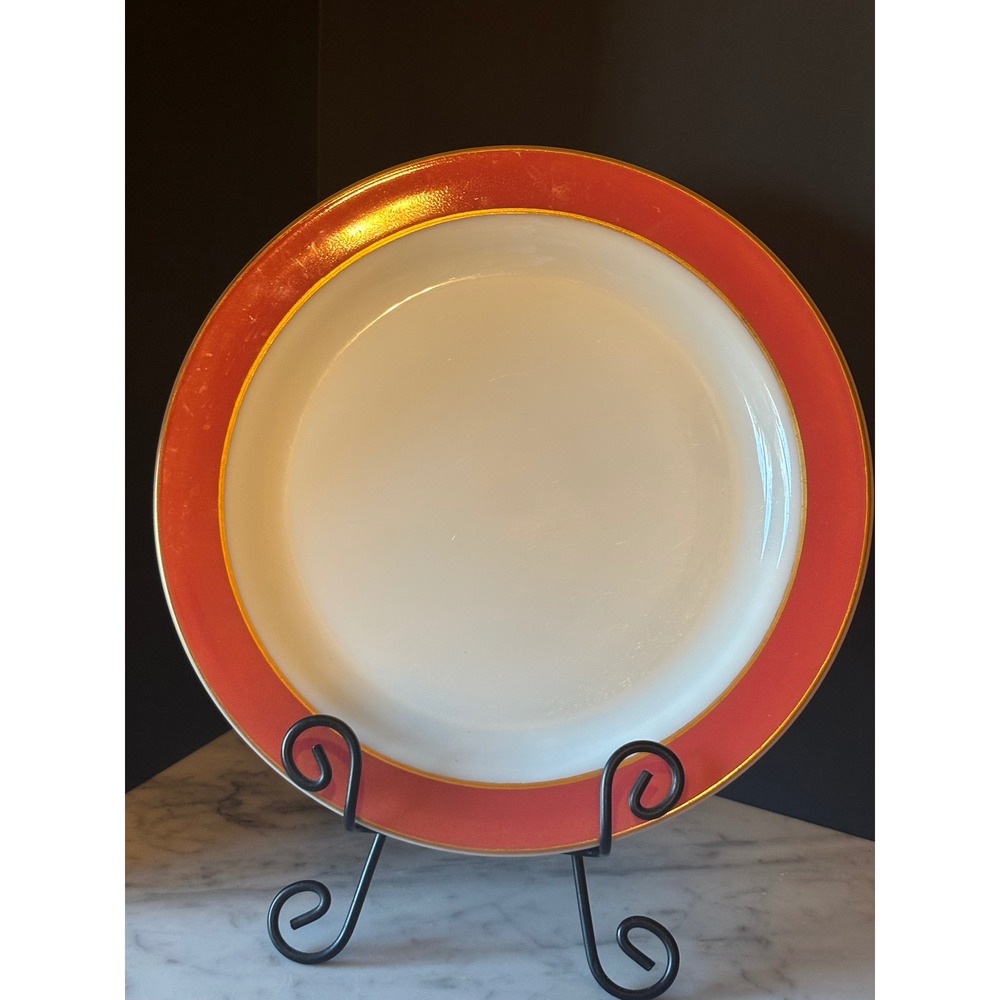 Vintage Pyrex Milk Glass Dinner Plate Coral Pink Gold Trim 12.25" Made in USA